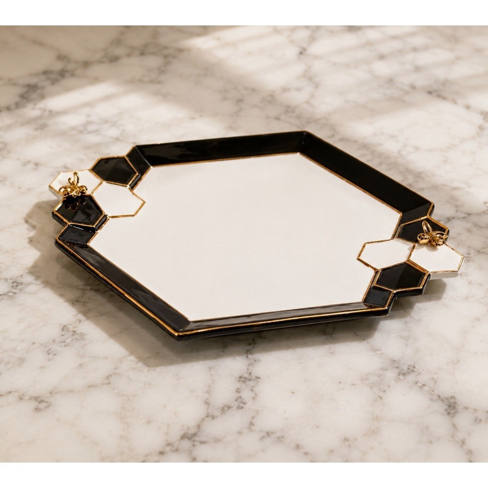 Mackenzie-Childs Honey Bee Hexagon Serving Tray Black White Gold Ceramic Platter